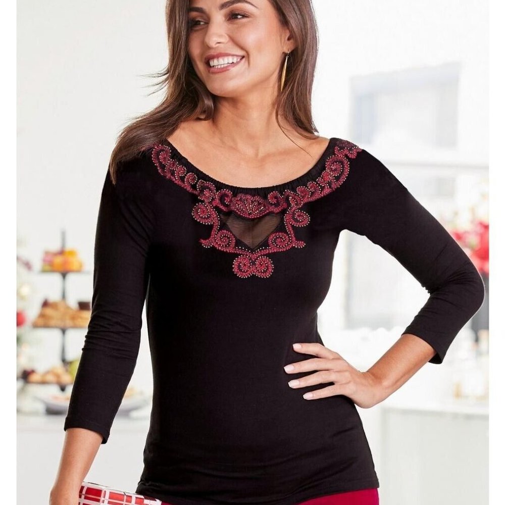 $89.50 BOSTON PROPER EMBROIDERED SHEER INSET WIDE NECK TOP SIZE: S